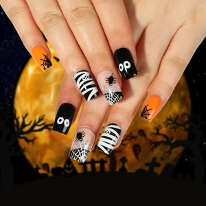 Halloween Spider Web Cartoon Eye Pattern Press On Nails Square Medium False Nails For Women Festive Party Nail Art Decoration