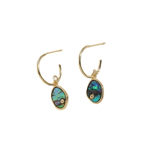 Elegant gold drop earrings with natural abalone shell inlay and cubic zirconia stones