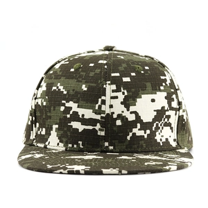 Detail of digital green camouflage pattern on flat brim hip-hop baseball cap