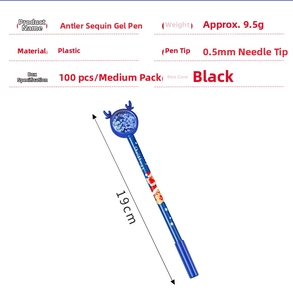 Christmas reindeer gel pen with blue sequins and 0.5mm tip shown with size specifications