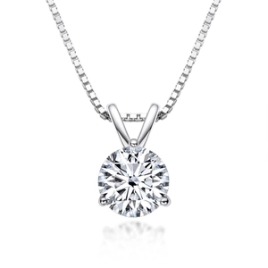Classic 3-prong round cut moissanite pendant necklace on silver box chain with reflection