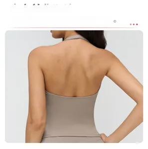 Detail view of the halter neck cutout back design on this high-stretch athletic yoga vest