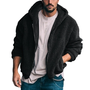 Men's thick black fleece hooded jacket with full zip and warm polar fleece texture