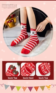 Detail of Christmas mid-calf socks showing reindeer patterns and seamless toe construction