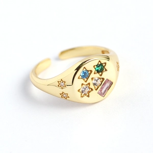 Gold plated S925 silver wide open ring with star texture and colorful zircon stones