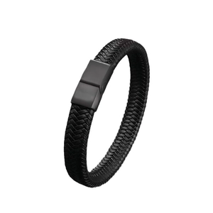 Men's minimalist black braided leather bracelet featuring a gray magnetic metal clasp