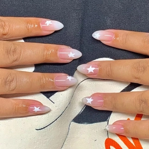 Press On Nails Pink White Ombre Gradient Star Pattern Almond Shape Glossy Artificial False Nail Tips