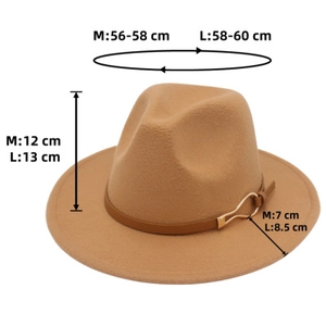Guide des tailles pour un chapeau fedora en feutre de laine marron avec dimensions