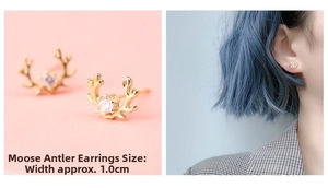 Detailed macro view and model wear of 1.0cm elk antler stud earrings with cubic zirconia