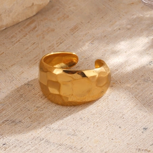 18K gold plated stainless steel wide open ring with hammered texture finish