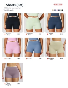 Gedetailleerd kleurenpalet van yogasets in zwart, groen, blauw, roze en paars tinten