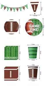 Football party tableware set with paper plates and Game Time napkins on white background
