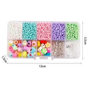 10-grid DIY bead kit with glass seed beads and charms in a 13x5.5cm clear storage box