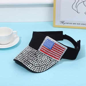 Black sun visor hat with sparkling silver rhinestones and American flag sequin patch