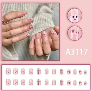 Pink cartoon press-on nails with cute bunny, dog, glitter bows and plaid patterns