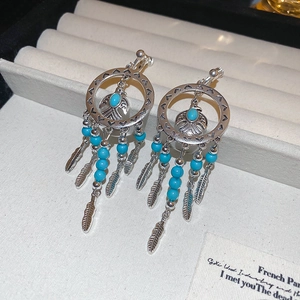 Macro view of Bohemian silver eagle earrings with turquoise beads and feather pendants