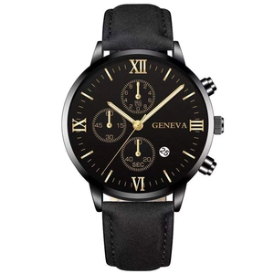 Detail view of Geneva men's business watch featuring black dial and gold Roman numerals