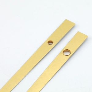 Golden brushed metal clock hand set with precision mounting holes for wall clock movements