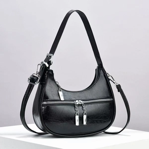 Women PU Leather Hobo Shoulder Bag Retro Crescent Purse With Silver Hardware Adjustable Strap Zipper Minimalist