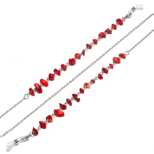 Handmade red natural stone eyewear chain with silver links and silicone loops