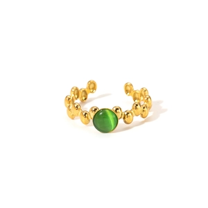 French vintage 18K gold-plated titanium ring with green cat-eye gemstone and beaded band