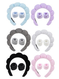 Detailed multi-color spa headband and wristband sets in soft absorbent coral fleece material