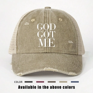 God Got Me Letter Print Trucker Hat Vintage Distressed Washed Baseball Cap Breathable Mesh Sun Protection Adjustable