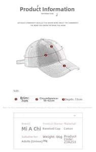 Size chart showing 56-62cm adjustable circumference and 7cm brim for cotton baseball cap