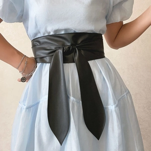 Ceinture large en PU noir pour femme avec design à nouer pour robes et manteaux chic