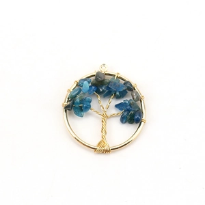 Close-up of Tree of Life pendant with blue crystal stones and golden wire weaving