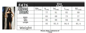 Size chart detail for black sequin halter dress showing S to XL measurements in cm