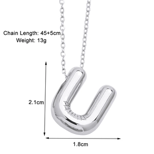 Detailed view of silver letter U pendant with high polish finish and chain dimensions