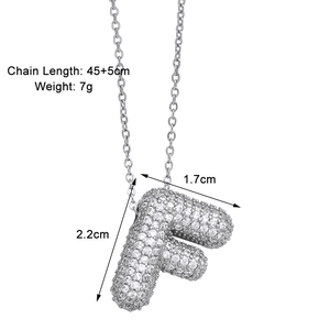 Silver F letter pendant necklace with sparkling zircon pavé setting and dimensions detail
