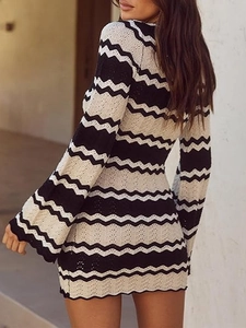 Chic crochet knit mini dress with wave striped pattern and flared long sleeves