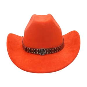 Close-up of orange felt western cowboy hat with studded leather band and metal emblem