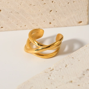 Retro multi-layer intertwined 18K gold plated stainless steel open ring for women