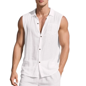 Detail of white cotton linen sleeveless shirt with button-down collar and front pocket