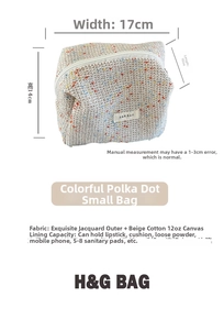 Detailed size chart of the 17x10x14cm polka dot jacquard canvas makeup bag for women
