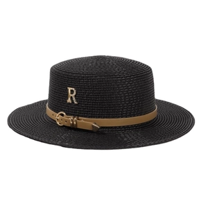 Chapeau de paille noir à bord plat avec ceinture en cuir et lettre R pour plage d'été