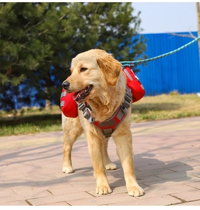Close-up of red oxford fabric pet backpack with large side storage and adjustable buckles