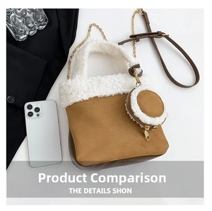 Top view of brown suede tote with white faux shearling trim and round coin purse charm
