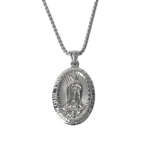 Classic silver stainless steel necklace with oval Our Lady of Guadalupe pendant