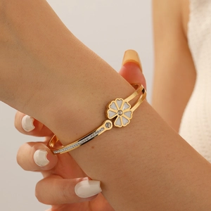 Stainless Steel Flower Bangle Gold Plated Double Layer White Enamel Rhinestone Open Cuff Jewelry For Women