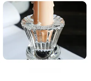 Detailed view of ribbed glass candle holder showing dual-use design with thick wax pillar