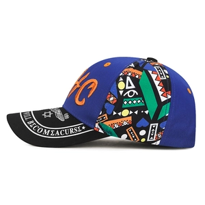 Blue and black baseball cap with NYC embroidery and vibrant geometric side patterns