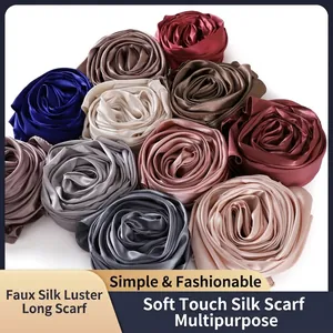 Elegant Solid Color Satin Scarf Satiny Pearlescent Long Wrap Headscarf Hijab For Women Lightweight Breathable Soft