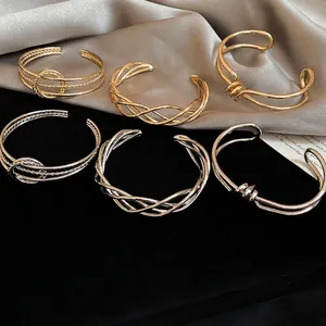 Minimalist Irregular Twisted Metal Open Cuff Bracelet For Women Geometric Braided Knot Multi Layer Gold Silver Fashion