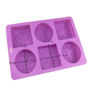 6-cavity purple silicone soap mold featuring leaf patterns and precise size markings