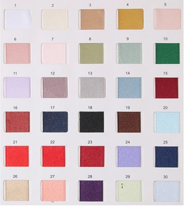 Color chart showing 30 vibrant shades of silk ribbon hair clips for color selection