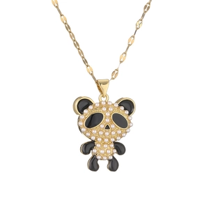 Cute golden panda pendant necklace with black enamel and imitation pearls on a chain